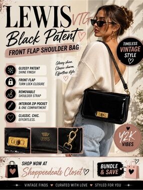 LEWIS VTG Black Patent Front Flap Shoulder Bag